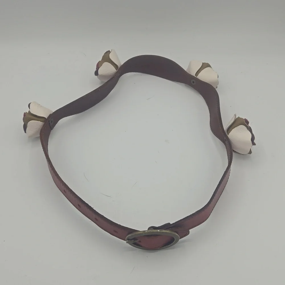 Anthropologie Lucky Penny 3d flowers brass oval buckle leather belt